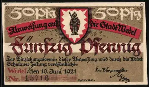 Notgeld Wedel 1921, 50 Pfennig, Die Rolandsstatue mit Königsinsignien