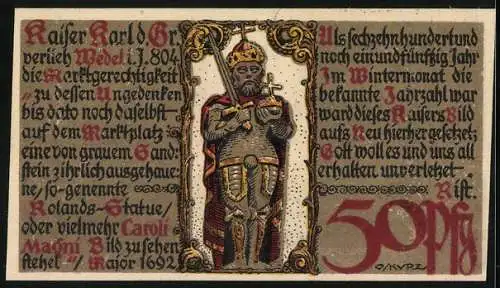 Notgeld Wedel 1921, 50 Pfennig, Die Rolandsstatue mit Königsinsignien