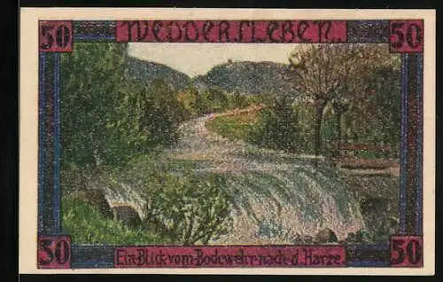 Notgeld Weddersleben 1921, 50 Pfennig, Blick vom Bodewehr nach dem Harze