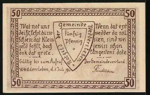 Notgeld Weddersleben 1921, 50 Pfennig, Blick vom Bodewehr nach dem Harze