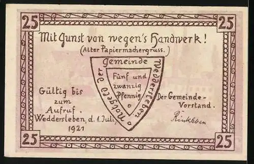 Notgeld Weddersleben 1921, 25 Pfennig, Die Papier-Fabrik