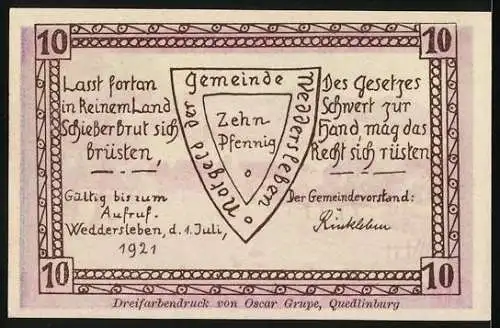 Notgeld Weddersleben 1921, 10 Pfennig, Blick vom Bodeberge