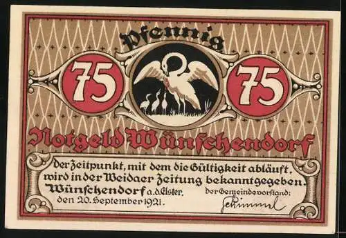 Notgeld Wünschendorf a. d. Elster 1921, 75 Pfennig, Hansjörgen Kühlmorgen ohne Sorgen