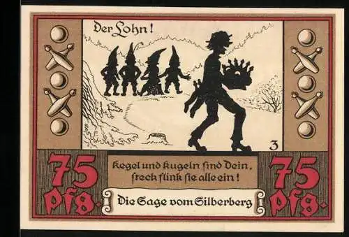 Notgeld Wünschendorf a. d. Elster 1921, 75 Pfennig, Hansjörgen steckt Kegel und Kugeln ein
