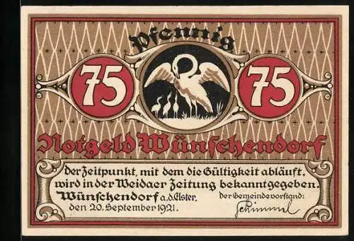 Notgeld Wünschendorf a. d. Elster 1921, 75 Pfennig, Der Höllenhund fordert Kegel und Kugeln ein