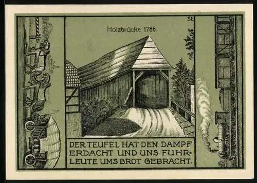 Notgeld Wünschendorf a. d. Elster 1921, 50 Pfennig, Holzbrücke 1786