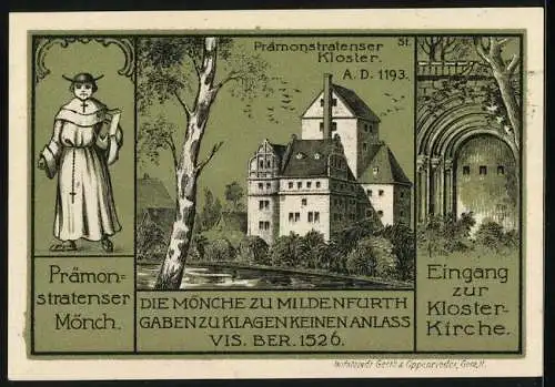 Notgeld Wünschendorf a. d. Elster 1921, 50 Pfennig, Prämonstratenser Kloster 1193, Mönch, Eingang zur Kirche