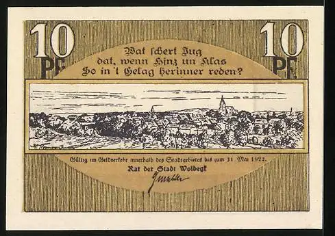 Notgeld Woldegk, 10 Pfennig, Ortsansicht mit der Kirche