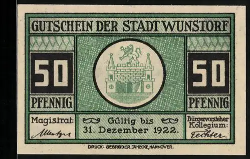 Notgeld Wunstorf, 50 Pfennig, Blick auf die Stiftskirche