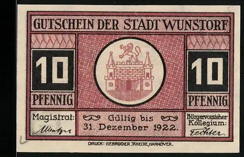 Notgeld Wunstorf, 10 Pfennig, Partie am Lehrerseminar