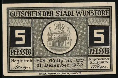 Notgeld Wunstorf, 5 Pfennig, Das alte Rathaus
