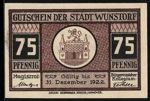Notgeld Wunstorf, 75 Pfennig, Denkmal am Rathaus