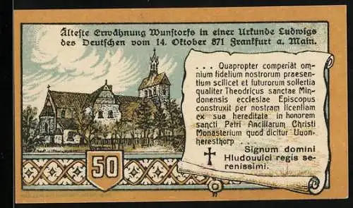 Notgeld Wunstorf 1920, 50 Pfennig, Blick zur Stiftskirche