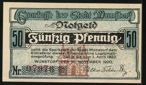 Notgeld Wunstorf 1920, 50 Pfennig, Blick zur Stiftskirche