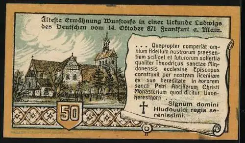 Notgeld Wunstorf 1920, 50 Pfennig, Partie an der Stiftskirche