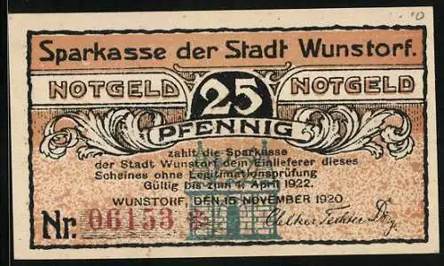 Notgeld Wunstorf 1920, 25 Pfennig, Blick zur Stiftskirche