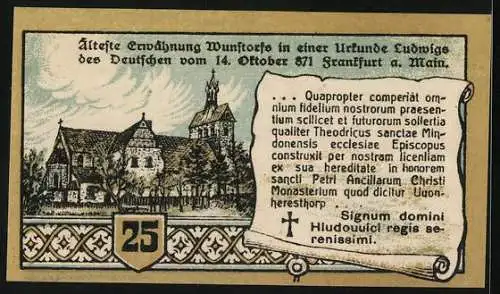 Notgeld Wunstorf 1920, 25 Pfennig, Blick zur Stiftskirche