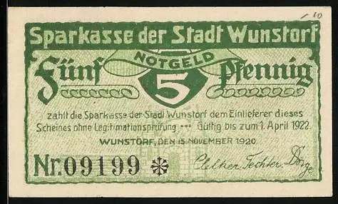 Notgeld Wunstorf 1920, 5 Pfennig, Partie am Rathaus