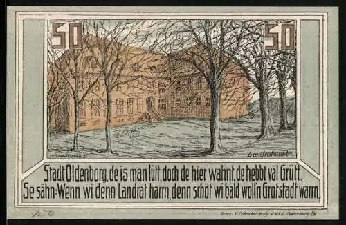 Notgeld Oldenburg i. H. 1921, 50 Pfennig, Das Landratsamt im Herbst