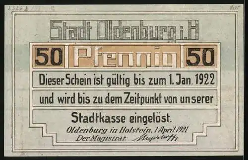 Notgeld Oldenburg i. H. 1921, 50 Pfennig, Das Landratsamt im Herbst