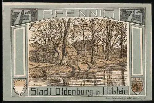 Notgeld Oldenburg i. H. 1921, 75 Pfennig, Flusspartie mit alten Hütten im Herbst