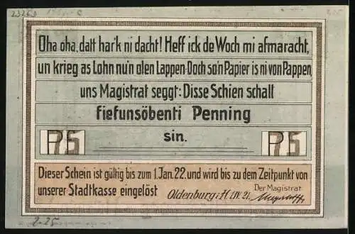 Notgeld Oldenburg i. H. 1921, 75 Pfennig, Flusspartie mit alten Hütten im Herbst