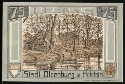 Notgeld Oldenburg i. H. 1921, 75 Pfennig, Uferpartie im Herbst