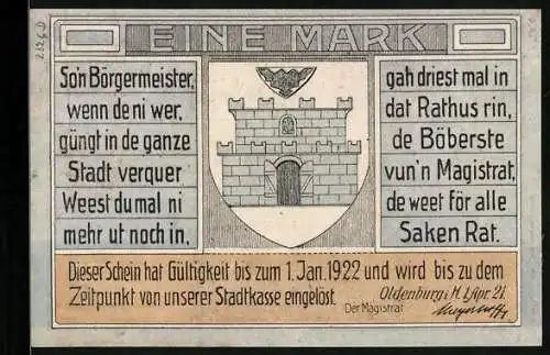 Notgeld Oldenburg i. H. 1921, 1 Mark, Frontalansicht des Rathauses
