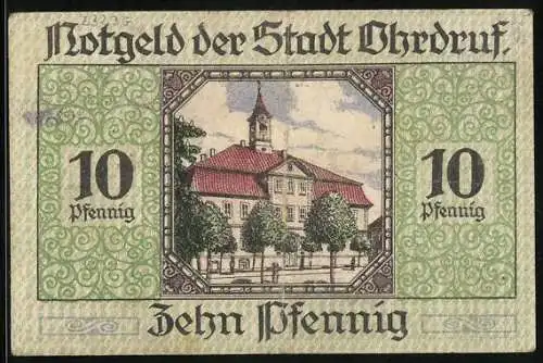 Notgeld Ohrdruf 1921, 10 Pfennig, Blick zum Rathaus