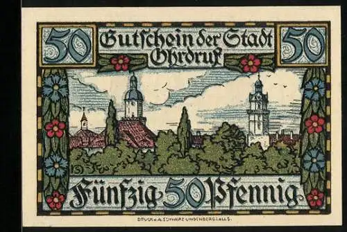 Notgeld Ohrdruf 1921, 50 Pfennig, Ortsansicht mit der Kirche