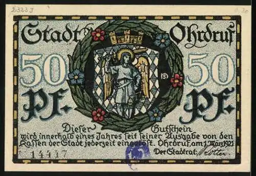 Notgeld Ohrdruf 1921, 50 Pfennig, Ortsansicht mit der Kirche