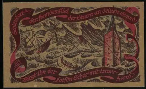 Notgeld Oldenburg i. O. 1921, 50 Pfennig, Männer im Rettungsboot rudern zu einem Turm in der stürmischen See