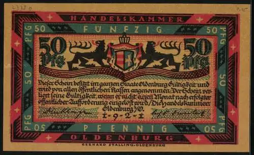 Notgeld Oldenburg i. O. 1921, 50 Pfennig, Männer im Rettungsboot rudern zu einem Turm in der stürmischen See