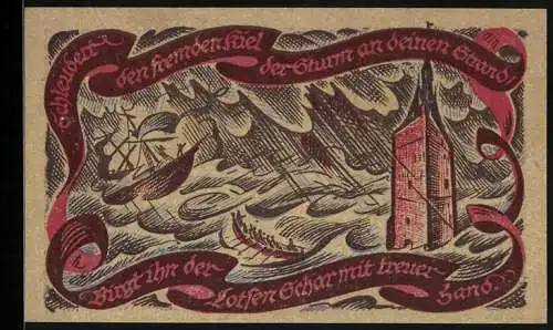 Notgeld Oldenburg i. O. 1921, 50 Pfennig, Rettungsboot versucht sich zu einem Turm zu retten