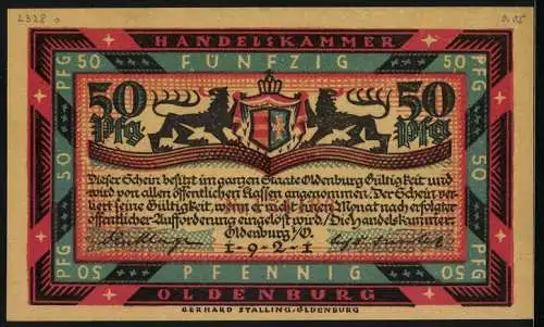 Notgeld Oldenburg i. O. 1921, 50 Pfennig, Rettungsboot versucht sich zu einem Turm zu retten