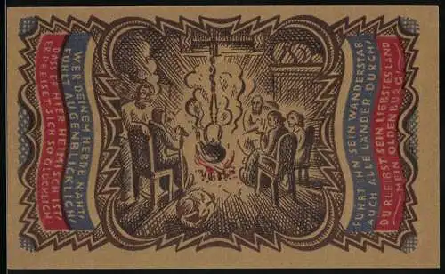 Notgeld Oldenburg i. O. 1921, 50 Pfennig, Männer sitzen um ein wärmendes Feuer herum