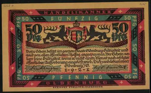 Notgeld Oldenburg i. O. 1921, 50 Pfennig, Graf Anton Günther auf einem Pferd