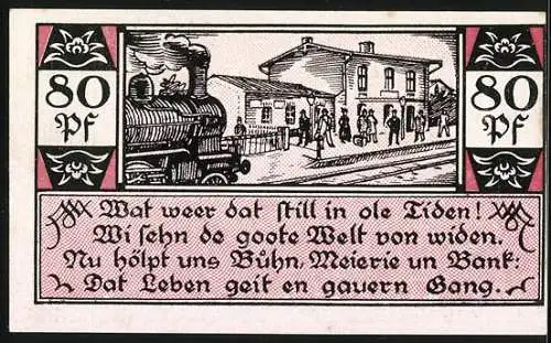 Notgeld Westerhorn, 80 Pfennig, Eisenbahn fährt in den Bahnhof ein