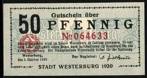 Notgeld Westerburg 1920, 50 Pfennig, Ortsansicht aus der Ferne