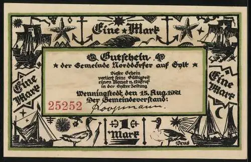 Notgeld Wenningstedt 1921, 1 Mark, Grosse Welle auf der stürmischen See