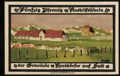 Notgeld Wenningstedt 1921, 50 Pfennig, Ortsansicht gegen die Hügel