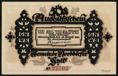 Notgeld Wenningstedt 1921, 50 Pfennig, Ortsansicht gegen die Hügel