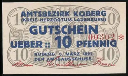 Notgeld Koberg /Kreis Lauenburg 1921, 10 Pfennig, Verzierungen