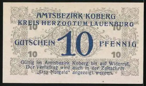 Notgeld Koberg /Kreis Lauenburg 1921, 10 Pfennig, Verzierungen