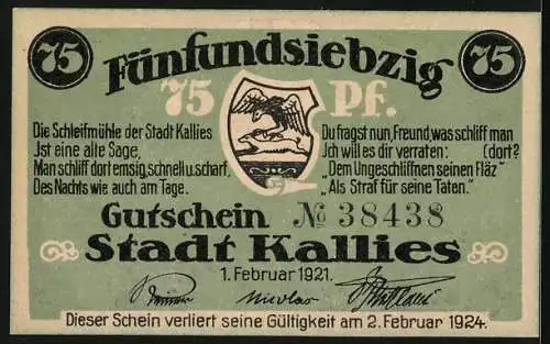 Notgeld Kallies 1921, 75 Pfennig, Männer am Schleifstein