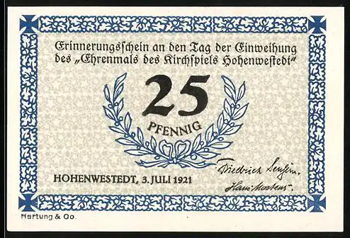 Notgeld Hohenwestedt 1921, 25 Pfennig, Arbeiter mit Spaten