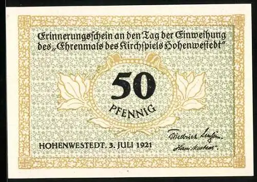 Notgeld Hohenwestedt 1921, 50 Pfennig, Einweihung des Ehrenmal des Kirchspiels Hohenwestedt
