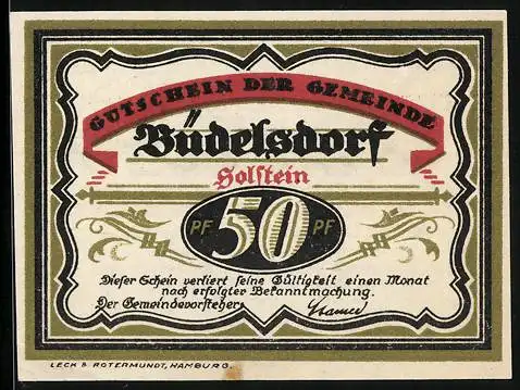 Notgeld Büdelsdorf /Holstein, 50 Pfennig, Eisenwerk Carlshütte errichtet 1827