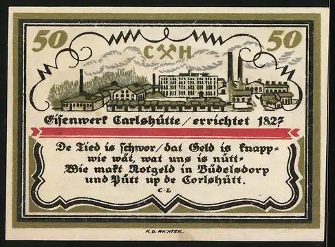 Notgeld Büdelsdorf /Holstein, 50 Pfennig, Eisenwerk Carlshütte errichtet 1827