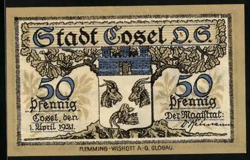 Notgeld Cosel /O.-S. 1921, 50 Pfennig, Uferpartie mit Booten, Stadtwappen